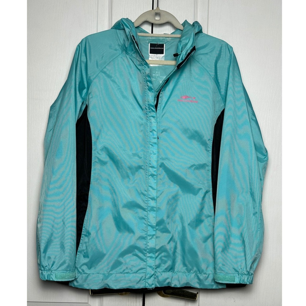 Grundens Womens Turquoise Blue Hooded Rain Jacket Windbreaker Size Large